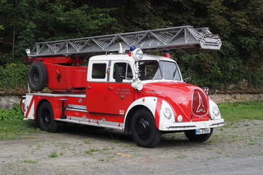 Historische rote Drehleiter der Feuerwehr mit ausfahrbarer Leiter auf dem Dach, auf einem Platz vor Waldkulisse geparkt. | © Christian Menzel 